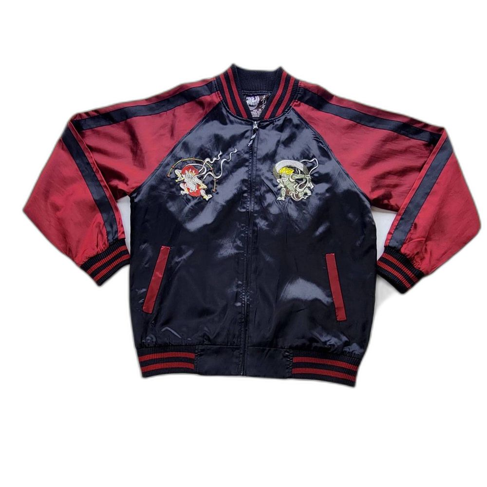 Vintage 90s Sukajan Fujin Satin Bomber Jacket Black 3XL Japanese Streetwear